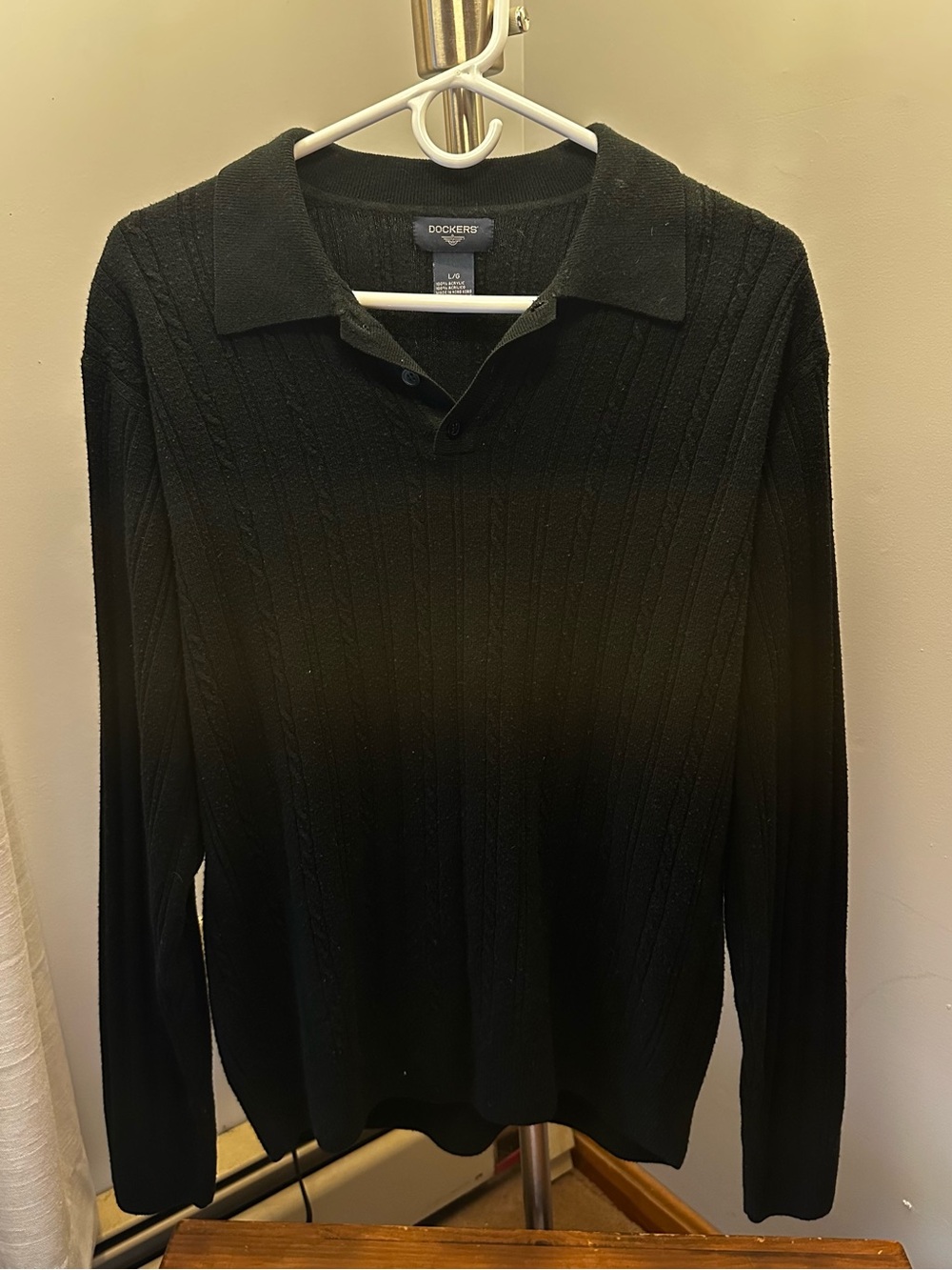 Black Ribbed Knit Long Sleeve Polo